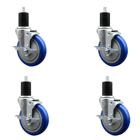 Service Caster 5'' Blue Poly Swivel 1-3/4'' Expanding Stem Caster Set with Brake, 4PK SCC-EX20S514-PPUB-BLUE-TLB-134-4